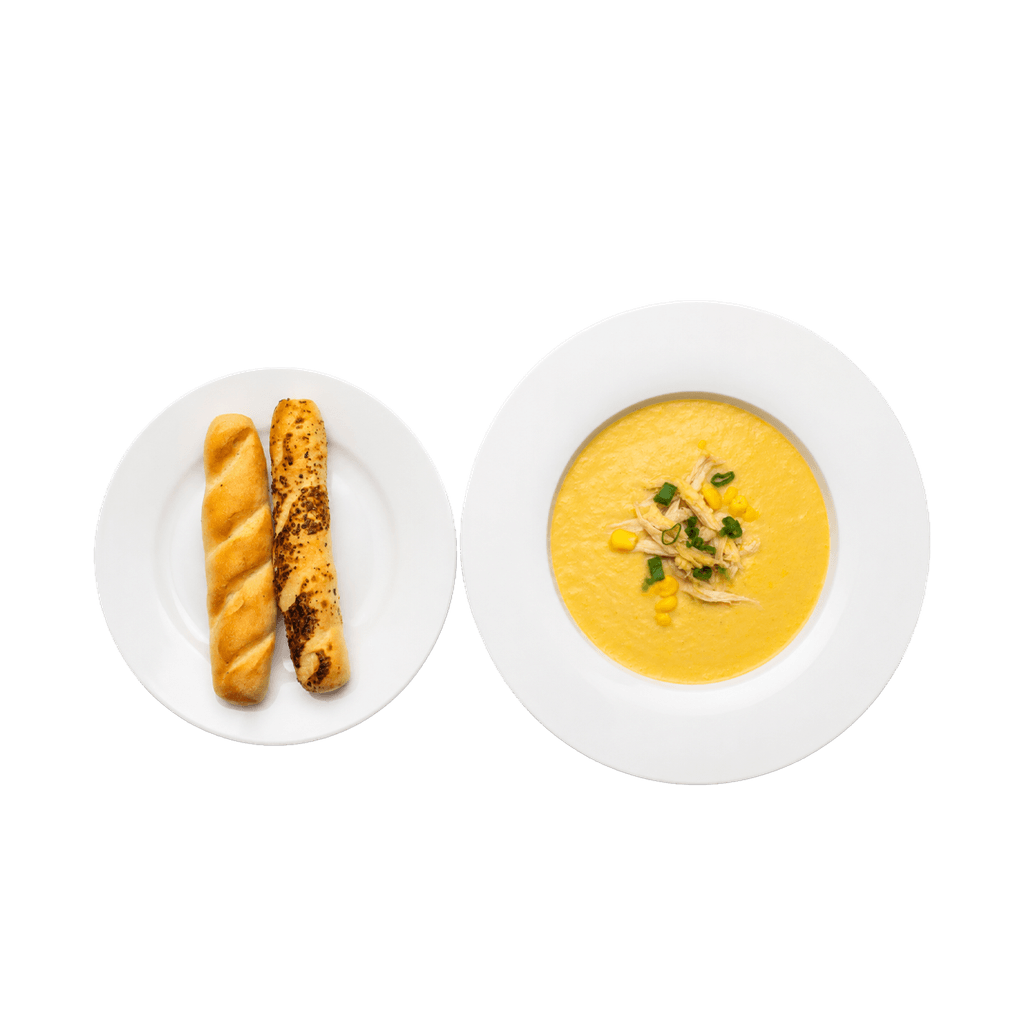 Warm soup served in flight-ready packaging