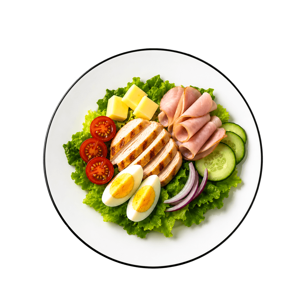 Chef salad with assorted proteins and greens